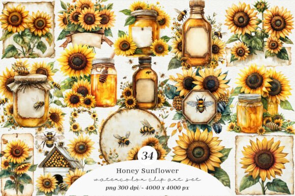 Download Vintage Bee Honey Sunflower Label PNG - Premium Resources