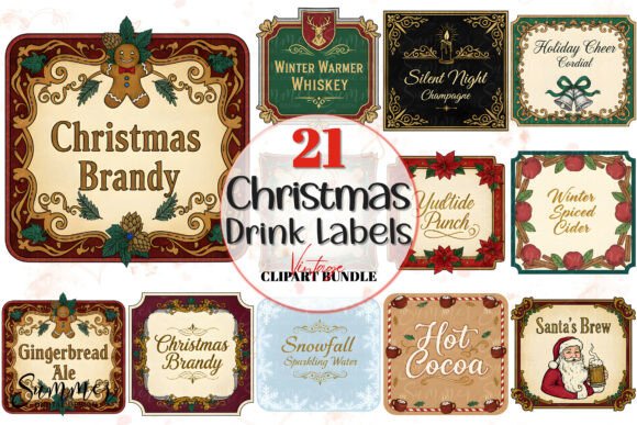 Download Vintage Christmas Square Drink Label PNG - Premium Bundle