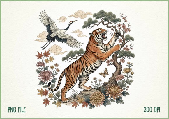 Download Vintage Japanese Tiger Crane Floral PNG - Floral png Collection